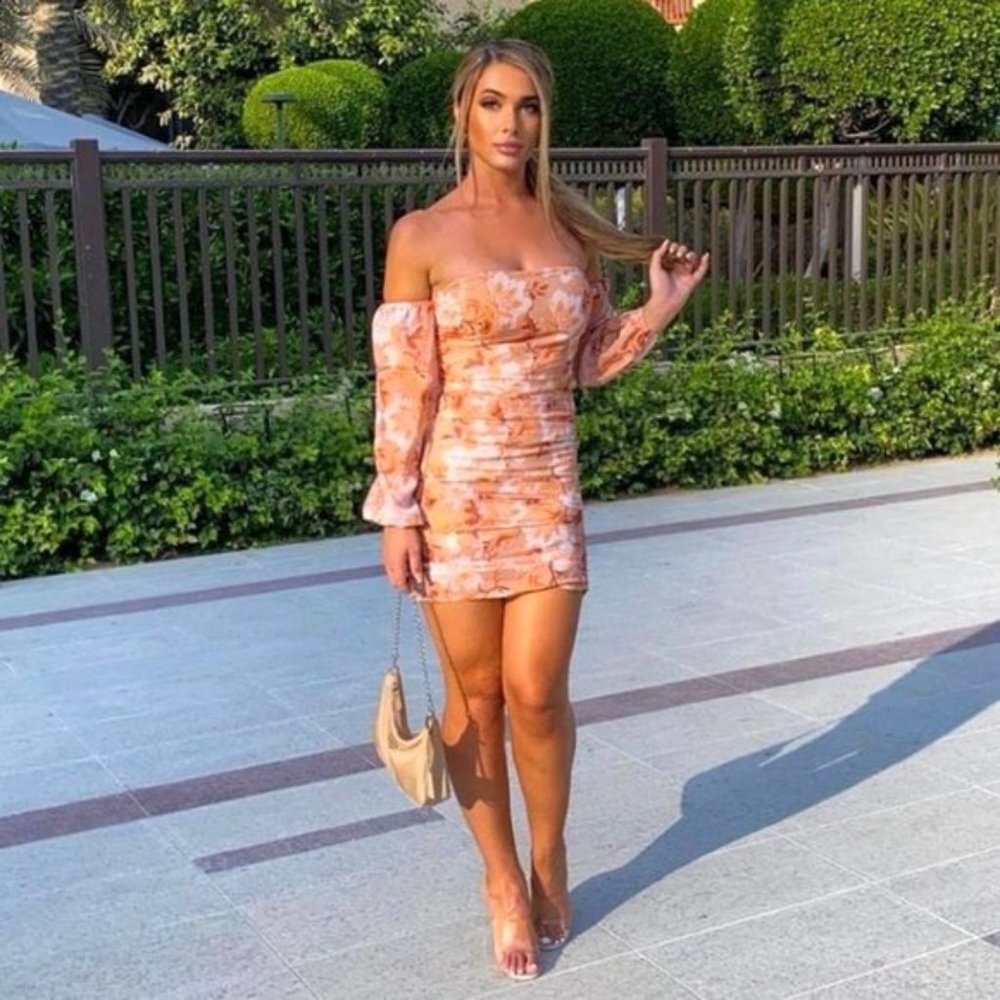 Brown Floral Print Long Sleeve Off Shoulder Ruched Bodycon Mini Dress - Picture 4 of 11